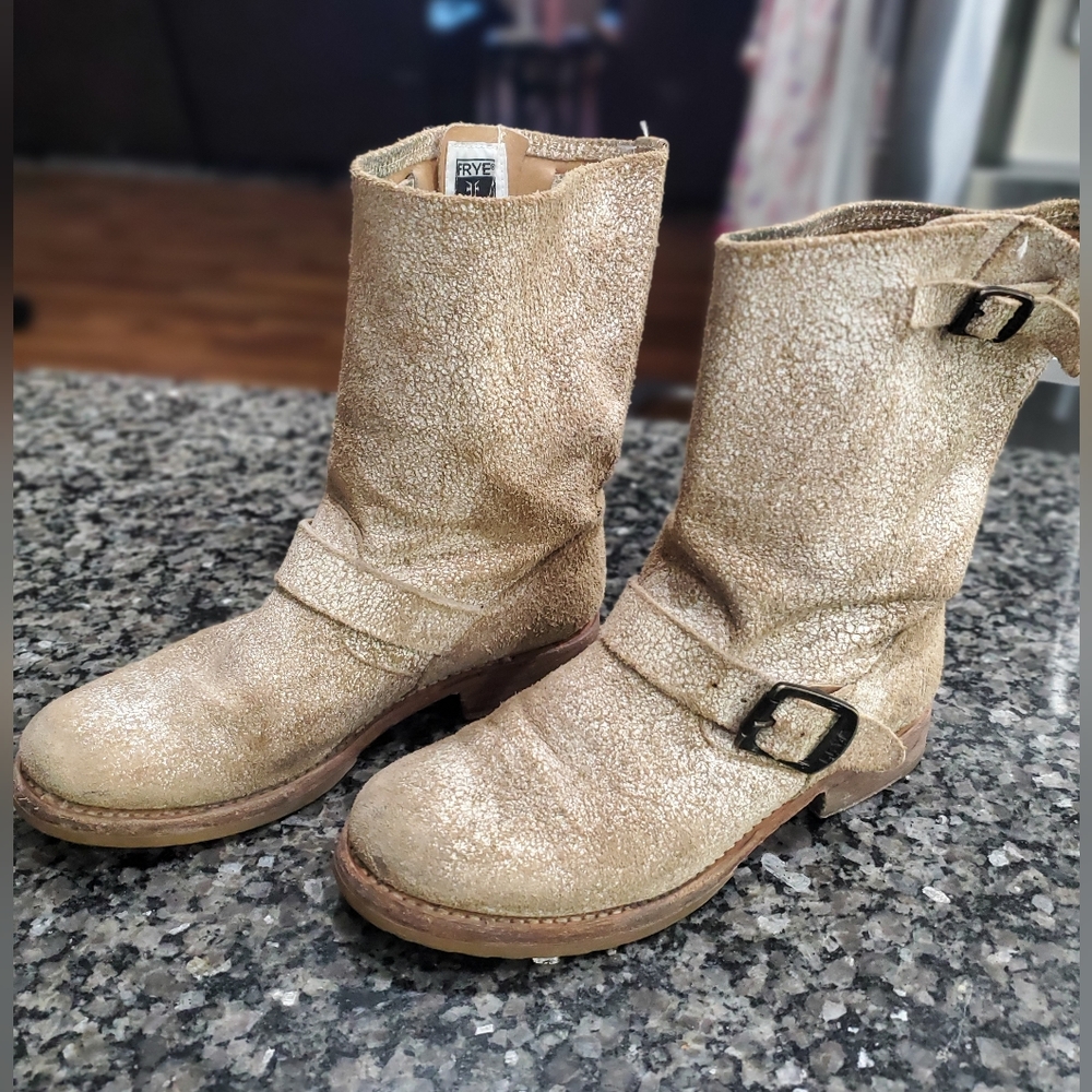Frye Metallic Gold Glitter Short Engineer Boots